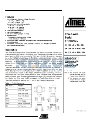 AT93C46 datasheet - Three-wire Serial EEPROMs