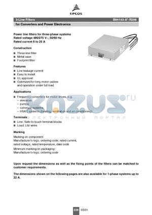 B84143-A12-R206 datasheet - 3-Line Filters for Converters and Power Electronics