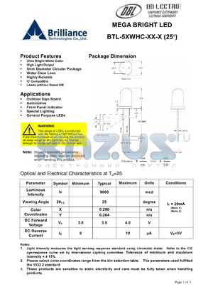 BTL-5XWHC-BW-W datasheet - MEGA BRIGHT LED