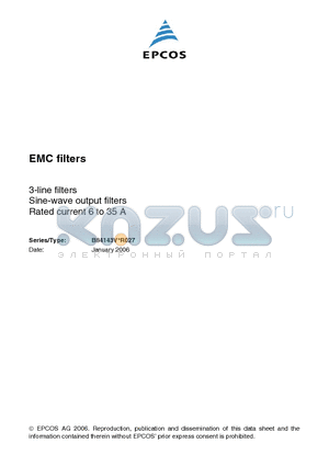 B84143V0025R027 datasheet - 3-line filters Sine-wave output filtersRated current 6 to 35 A