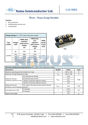 110MDS datasheet - Three - Phase Bridge Rectifier Excellent power volume ratio