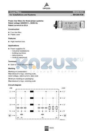 B84299-K53 datasheet - 4-Line Filters for Installations and Systems