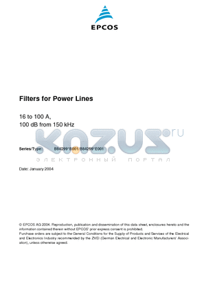 B84299B001 datasheet - Filters for Power Lines 16 to 100 A, 100 dB from 150 kHz