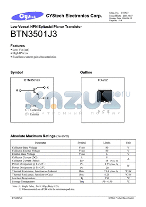 BTN3501J3 datasheet - Low Vcesat NPN Epitaxial Planar Transistor