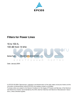 B84299D1151E003 datasheet - Filters for Power Lines 16 to 150 A, 100 dB from 14 kHz