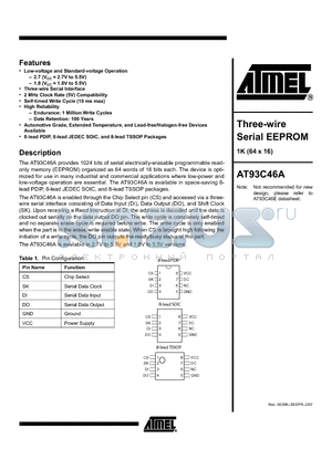 AT93C46A-10PU-2.7 datasheet - Three-wire Serial EEPROM