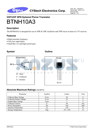 BTNH10A3 datasheet - VHF/UHF NPN Epitaxial Planar Transistor