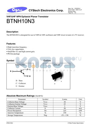 BTNH10N3 datasheet - VHF/UHF NPN Epitaxial Planar Transistor