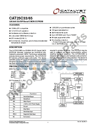CAT25C33GLS-1.8TE13 datasheet - 32K/64K-Bit SPI Serial CMOS EEPROM