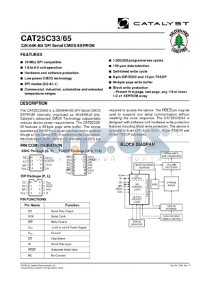 CAT25C33LA-1.8TE13 datasheet - 32K/64K-Bit SPI Serial CMOS EEPROM