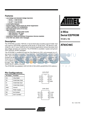AT93C46C-10PC datasheet - 3-Wire Serial EEPROM