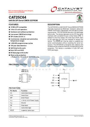 CAT25C64PA-1.8-GT3 datasheet - 64K-Bit SPI Serial CMOS EEPROM