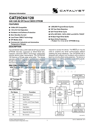 CAT25C64S16-1.8TE13 datasheet - 64K/128K-Bit SPI Serial CMOS E2PROM