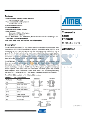 AT93C46D-PU datasheet - Three-wire Serial EEPROM 1K (128 x 8 or 64 x 16)