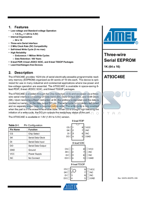 AT93C46E-PU datasheet - Three-wire Serial EEPROM 1K (64 x 16)