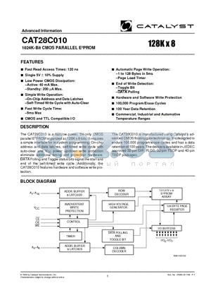 CAT28C010HPA-15T datasheet - 1024K-Bit CMOS PARALLEL E2PROM