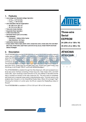 AT93C56A datasheet - Three-wire Serial EEPROM 2K (256 x 8 or 128 x 16) 4K (512 x 8 or 256 x 16)