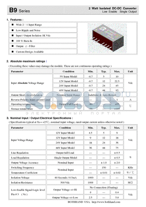 B9-0509S2 datasheet - 2 Watt Isolated DC-DC Converter Low Enable Single Output