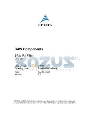 B9035 datasheet - SAW Components Low-Loss Filter for Mobile Communication 881.5 MHz