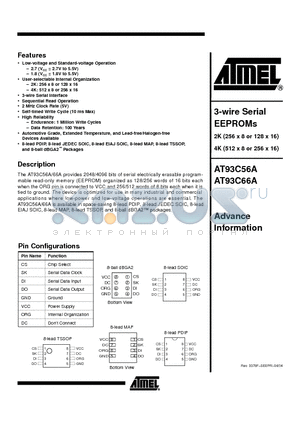 AT93C56AY1-10YI-2.7 datasheet - 3-wire Serial EEPROMs 2K (256 x 8 or 128 x 16)