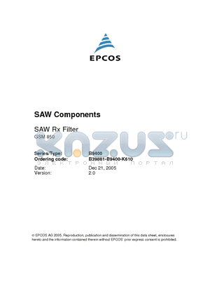 B9400 datasheet - SAW Components Low-Loss Filter for Mobile Communication 881.50 MHz