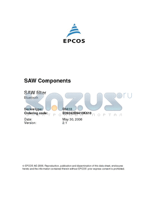 B9410 datasheet - SAW filter 2441.75 MHz