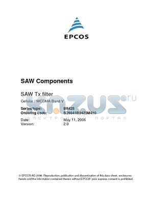 B9425 datasheet - SAW Tx filter 836.5 MHz