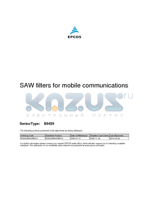 B9429 datasheet - SAW filters for mobile communications
