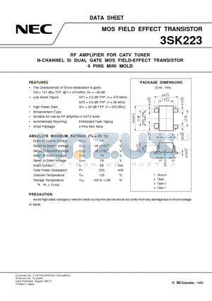 3SK223 datasheet - RF AMPLIFIER FOR CATV TUNER N-CHANNEL Si DUAL GATE MOS FIELD-EFFECT TRANSISTOR 4 PINS MINI MOLD