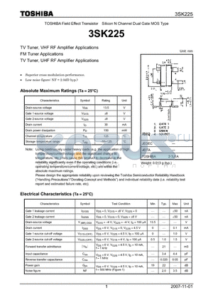 3SK225_07 datasheet - Silicon N Channel Dual Gate MOS Type TV Tuner, VHF RF Amplifier Applications