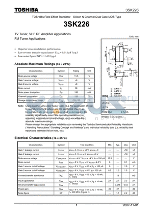 3SK226_07 datasheet - Silicon N Channel Dual Gate MOS Type TV Tuner, VHF RF Amplifier Applications