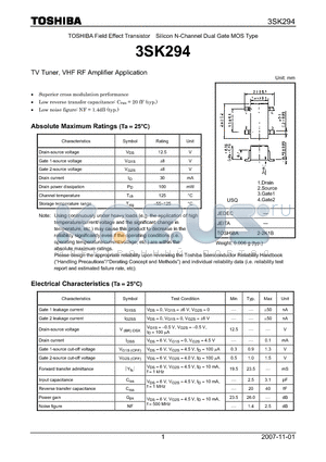 3SK294 datasheet - TV Tuner, VHF RF Amplifier Application