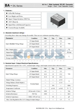 BA-0505DD1 datasheet - 0.5 to 1 Watt Isolated DC-DC Converter Single / Dual / Dual Separate Output