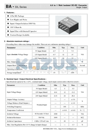 BA-0505S datasheet - 0.5 to 1 Watt Isolated DC-DC Converter Single Output