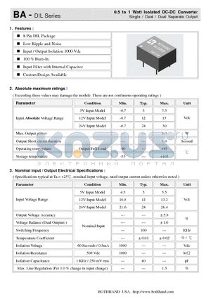 BA-1212D01 datasheet - 0.5 to 1 Watt Isolated DC-DC Converter Single / Dual / Dual Separate Output