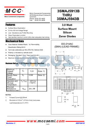 3SMAJ5936B datasheet - 3.0 Watt Surface Mount Silicon Zener Diodes