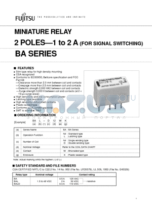BA-18W-K datasheet - MINIATURE RELAY 2 POLES-1 to 2 A (FOR SIGNAL SWITCHING)