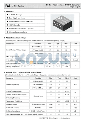 BA-2405S datasheet - 0.5 to 1 Watt Isolated DC-DC Converter Single Output