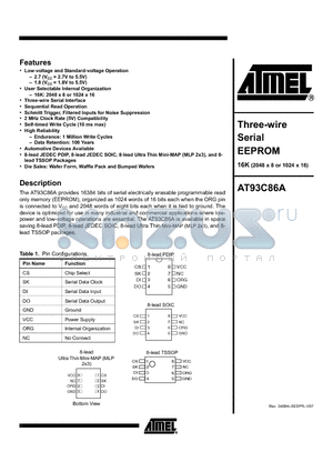 AT93C86A-10PU-1.8 datasheet - Three-wire  Serial EEPROM