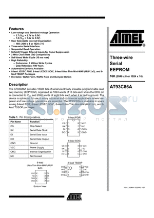 AT93C86A-10TU-1.8 datasheet - Three-wire  Serial EEPROM
