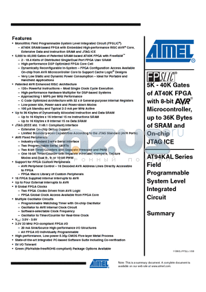 AT94K05 datasheet - 5K - 40K Gates of AT40K FPGA with 8-bit Microcontroller, up to 36K Bytes of SRAM and On-chip JTAG ICE