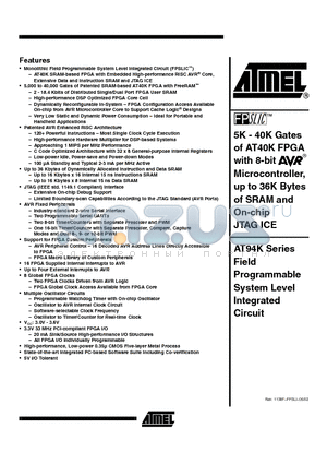 AT94K05AL-25DQC datasheet - 5K - 40K Gates of AT40K FPGA with 8-bit Microcontroller, up to 36K Bytes of SRAM and On-chip JTAG ICE