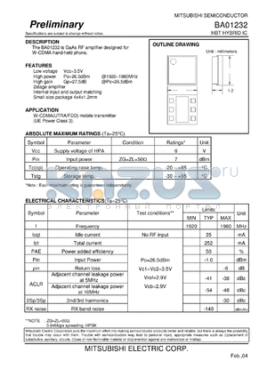 BA01232 datasheet - The BA01232 is GaAs RF amplifier designed for W-CDMA hand-held phone