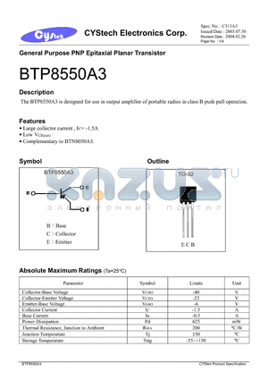 BTP8550A3 datasheet - General Purpose PNP Epitaxial Planar Transistor