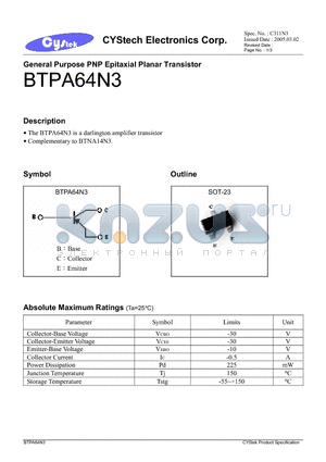 BTPA64N3 datasheet - General Purpose PNP Epitaxial Planar Transistor