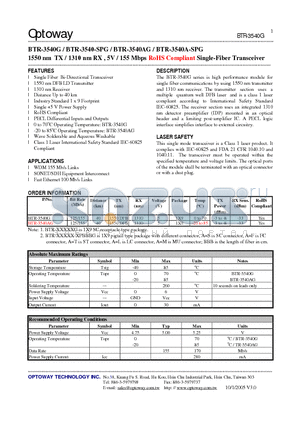 BTR-3540A-SPG datasheet - 1550 nm TX / 1310 nm RX , 5V / 155 Mbps RoHS Compliant Single-Fiber Transceiver