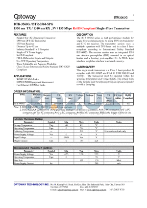 BTR-3560G datasheet - 1550 nm TX / 1310 nm RX , 5V / 155 Mbps RoHS Compliant Single-Fiber Transceiver