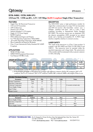 BTR-3680G datasheet - 1310 nm TX / 1550 nm RX , 3.3V / 155 Mbps RoHS Compliant Single-Fiber Transceiver