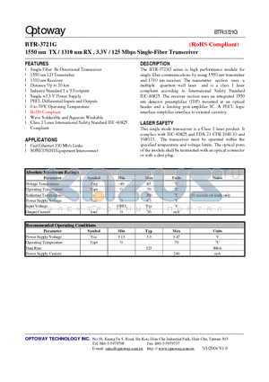 BTR-3721G datasheet - 1550 nm TX / 1310 nm RX , 3.3V / 125 Mbps Single-Fiber Transceiver