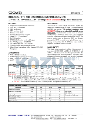 BTR-5820AG datasheet - 1310 nm TX / 1490 nm RX , 3.3V / 155 Mbps RoHS Compliant Single-Fiber Transceiver
